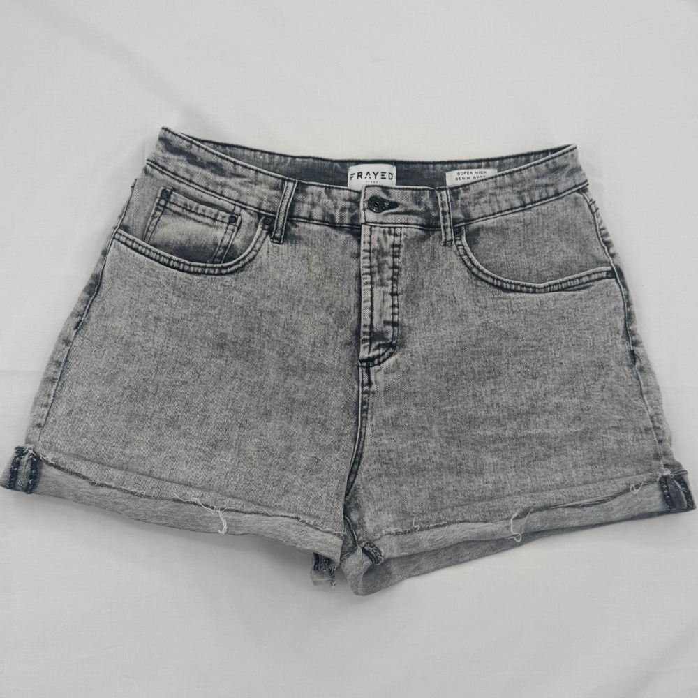 Womans Sz 30 Frayed Jeans Super High Denim Short Gray Acid Wash Summer Festival